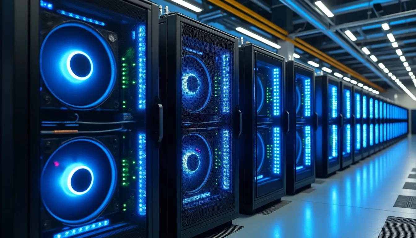 Rangée d’ASIC de minage bitcoin en rack, façade des ventilateurs et câbles d’alimentation