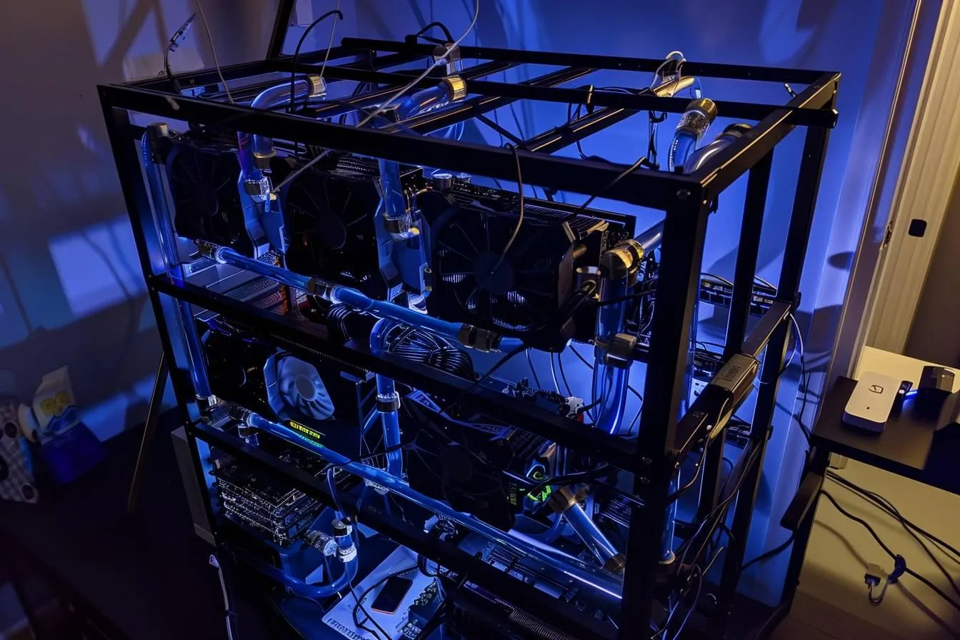 Cartes graphiques installées sur un rig de minage de cryptomonnaies
