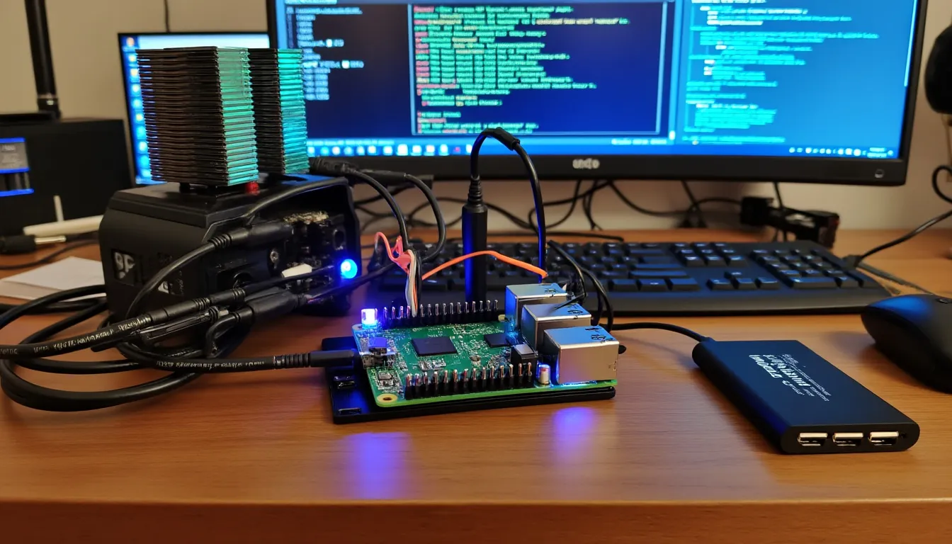 raspberry pi 5 équipé d’un ventilateur actif et relié en ethernet, posé à côté de son alimentation usb-c