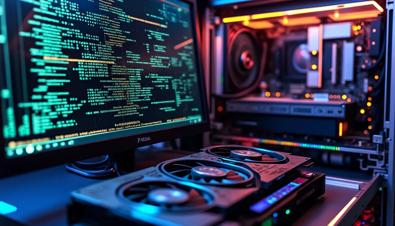 Rangée de cartes graphiques montées sur risers dans un rig de multi mining, ventilateurs en gros plan