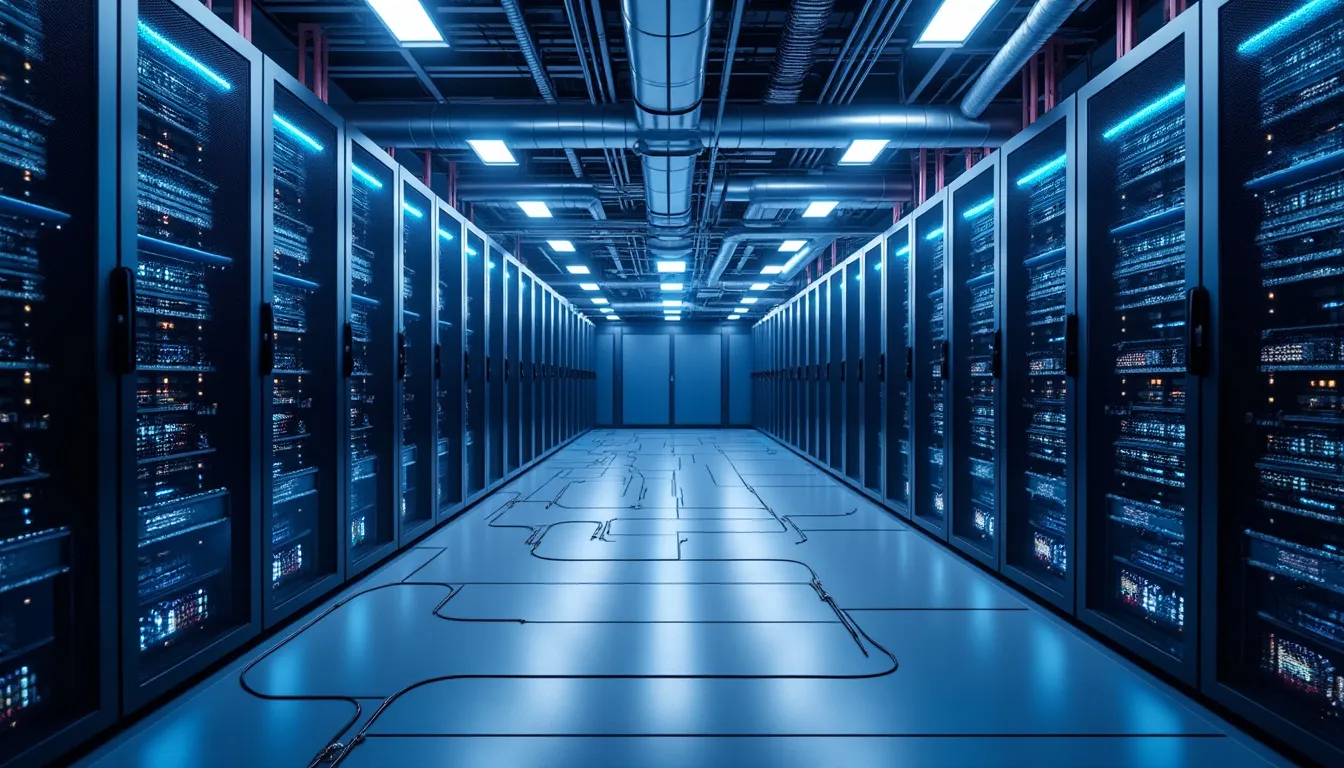 Rangées de machines de minage alignées dans une salle ventilée, l’air chaud évacué vers le plafond