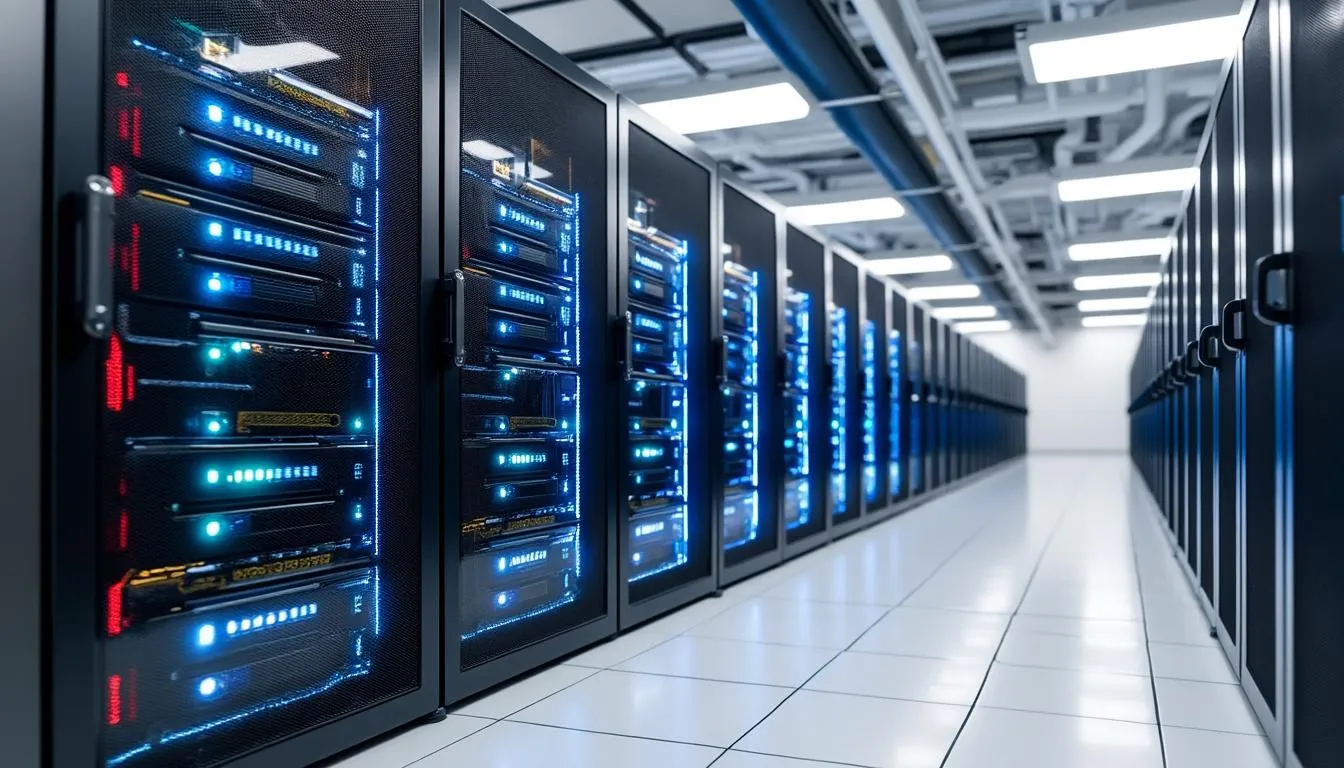 Machines de minage bitcoin alignées en rack, ventilateurs en façade et câblage réseau apparent