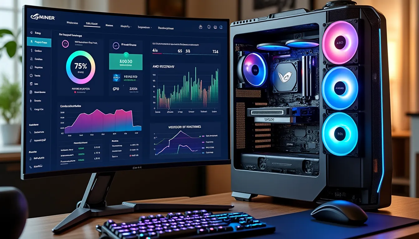 Carte graphique installée dans un rig ouvert, ventilateurs visibles, câbles d’alimentation PCIe branchés