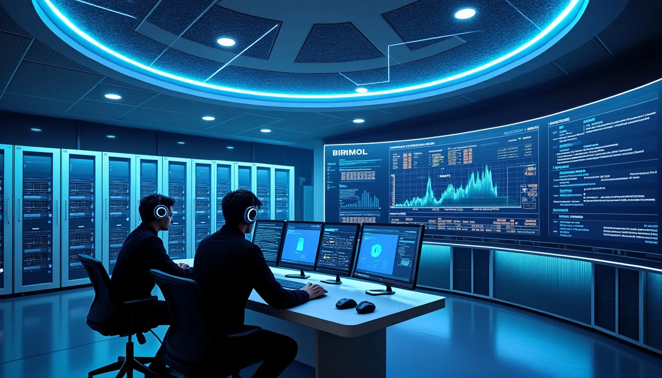 Salle de supervision d'une installation de minage, écrans de suivi des machines et des versements