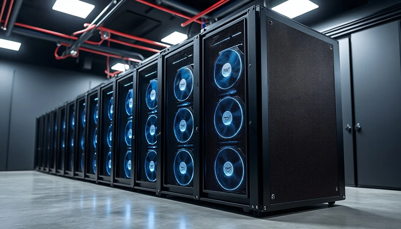 cartes de calcul alignées dans un rack de minage, vue rapprochée sur les connecteurs d’alimentation et les ventilateurs