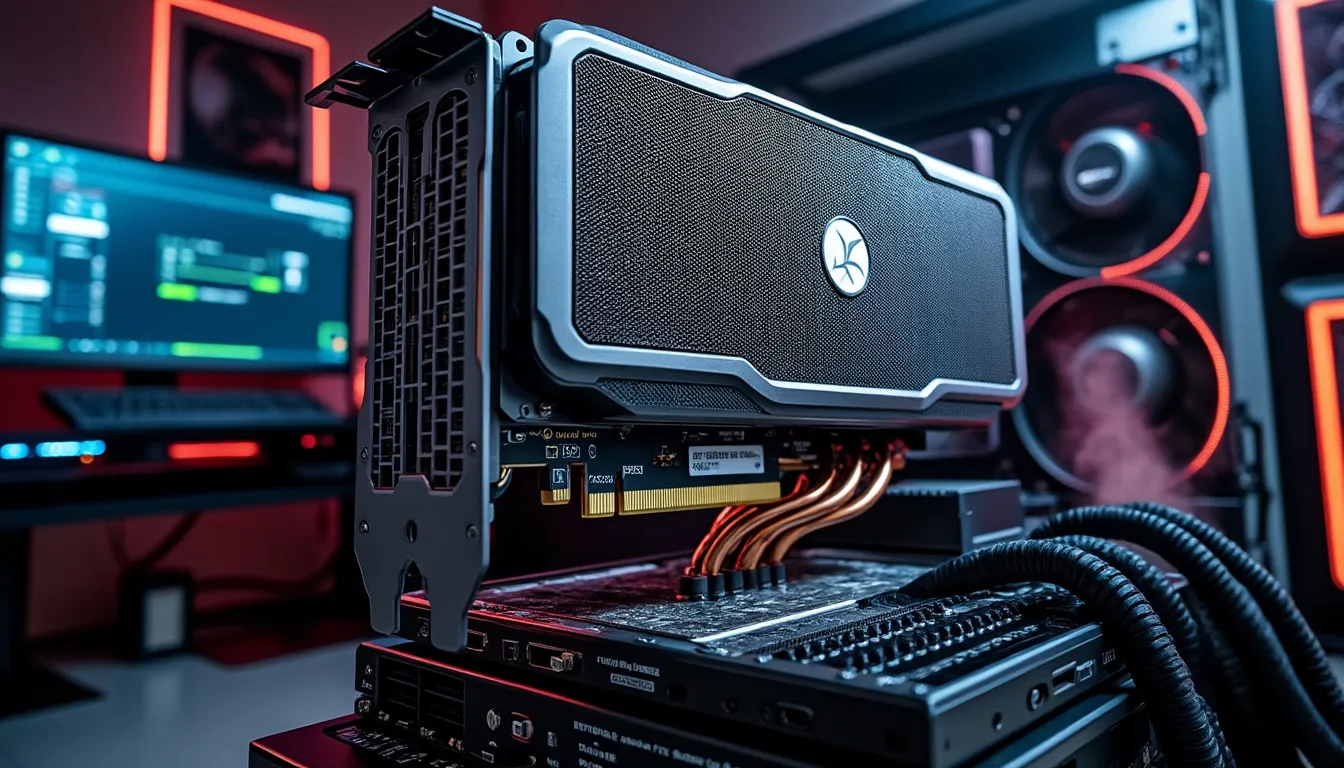 carte graphique GeForce RTX 5070 installée dans un boîtier ouvert, connecteurs d’alimentation visibles