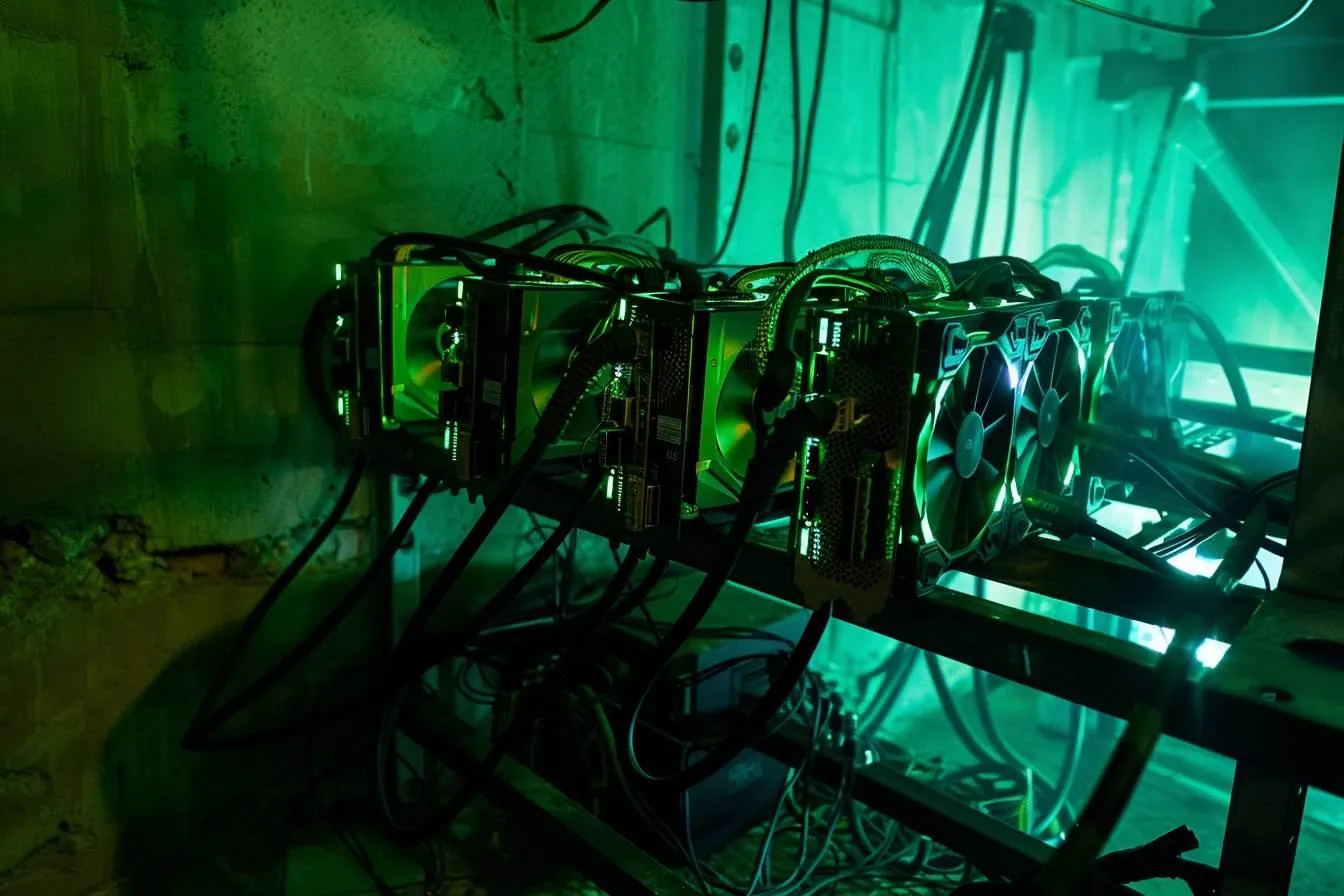 Rig de minage sur cadre métallique ouvert dans une cave, cartes graphiques alignées et câbles de risers pendant sous la structure