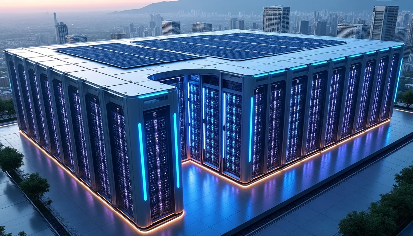Rangée de machines de minage bitcoin en centre de données, la puissance vendue en contrat de cloud mining