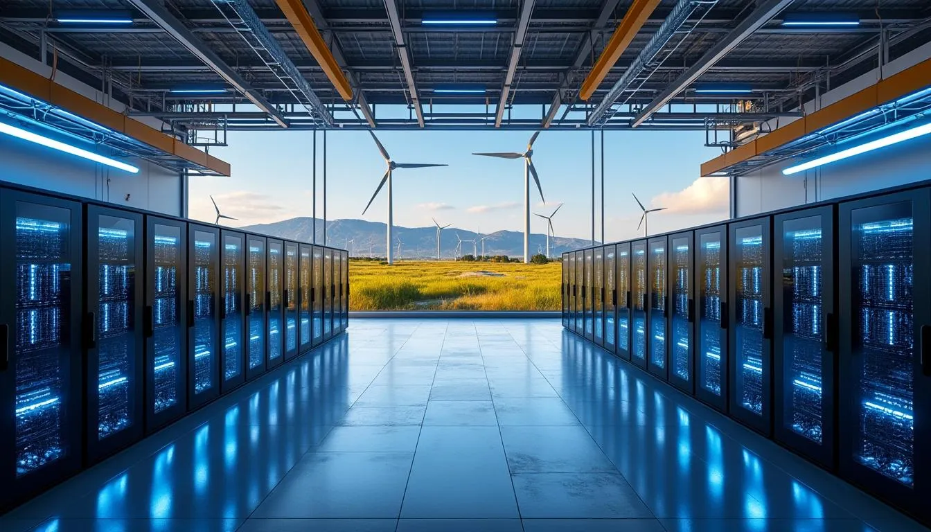 Ferme de minage alimentée par des sources renouvelables, panneaux solaires et bâtiment technique
