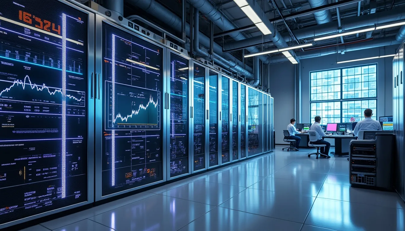 salle de machines de minage bitcoin alignées en racks dans un datacenter