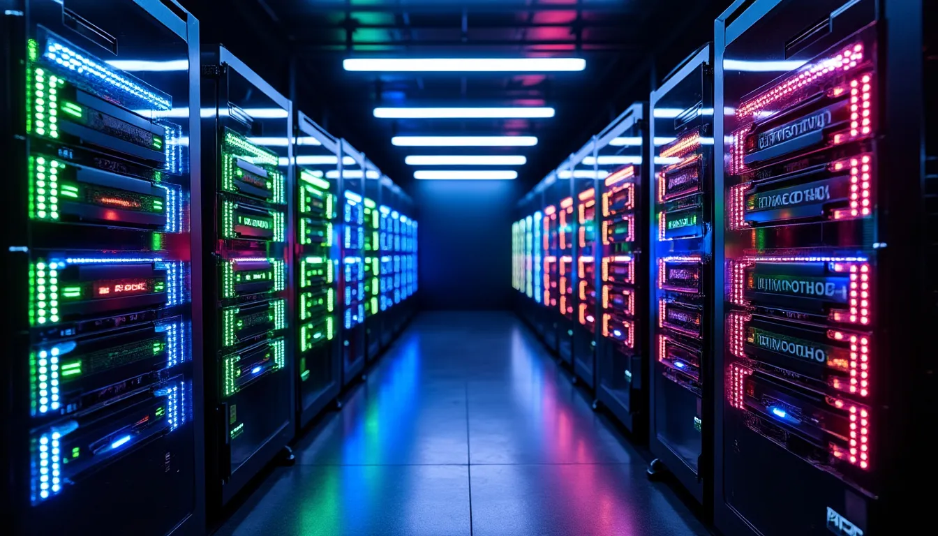 Cartes graphiques d’un rig de minage vues de face, ventilateurs et connecteurs d’alimentation