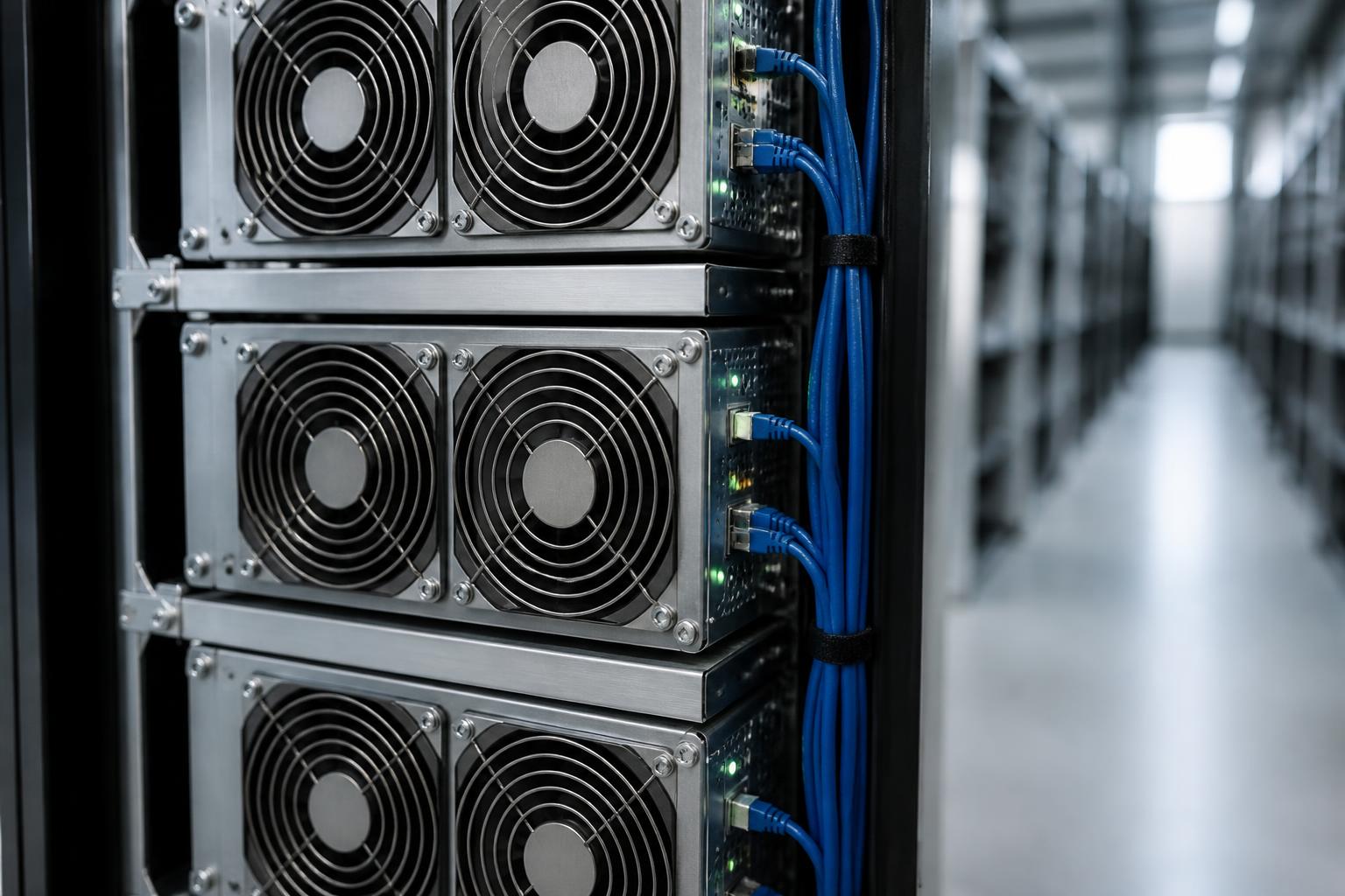 Mineurs ASIC empilés dans un rack, ventilateurs et câbles réseau