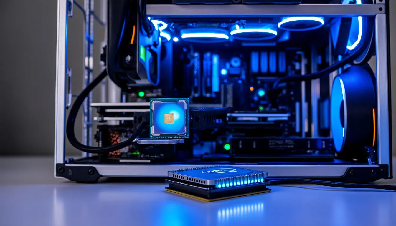 Processeur Intel Celeron G1840 posé à côté du socket LGA 1150 d’une carte mère de rig de minage