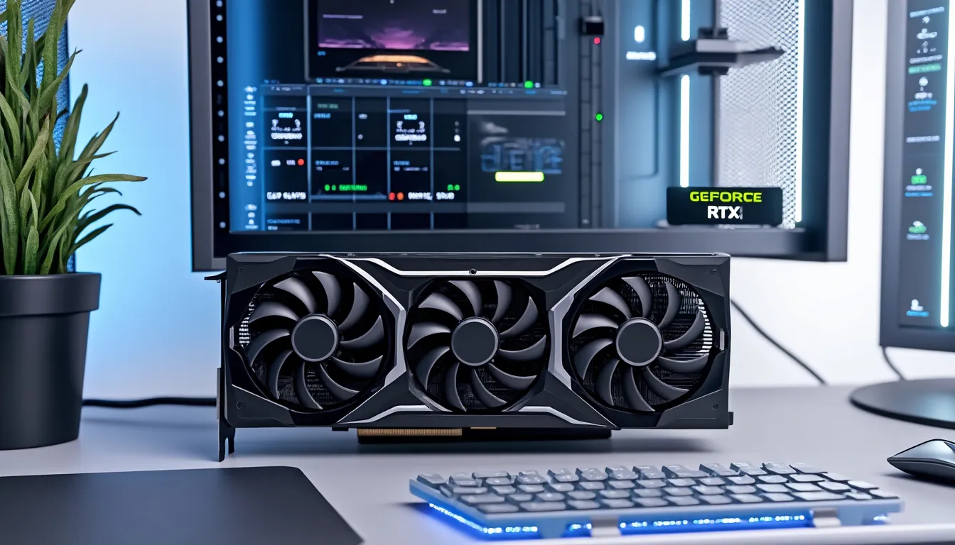 geforce rtx 5070 ti installée dans une machine ouverte, connecteur d’alimentation et backplate visibles
