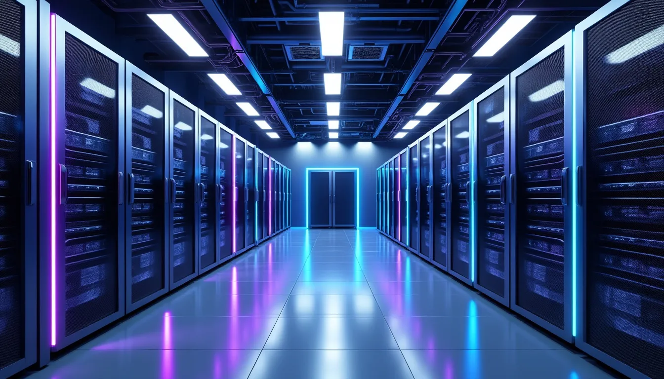 rangée de machines de minage en fonctionnement dans une salle de datacenter