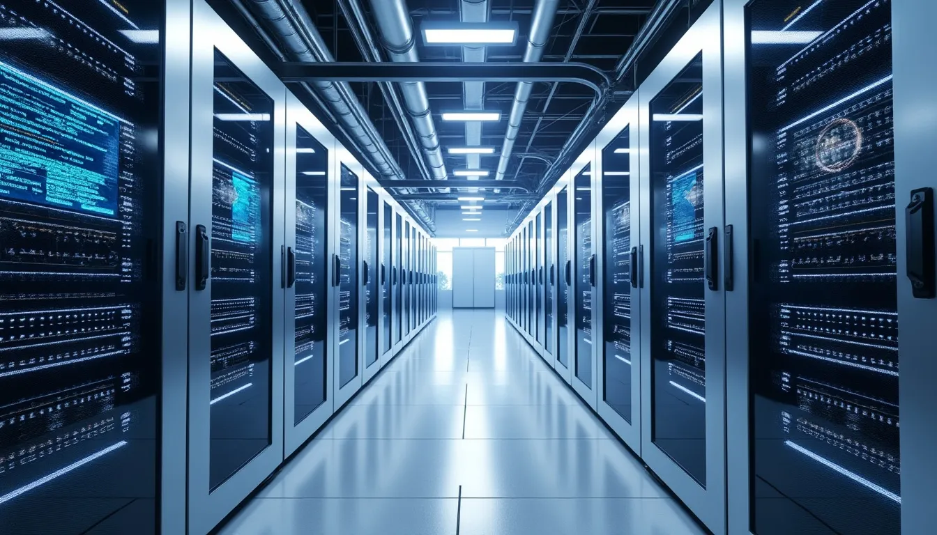 Rangée de machines de minage alignées dans une salle technique, câblage et ventilation apparents