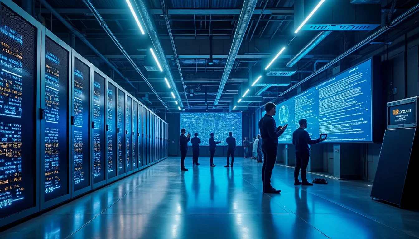 rangée d’ASIC de minage Bitcoin en rack, façade avant avec ventilateurs et connecteurs d’alimentation