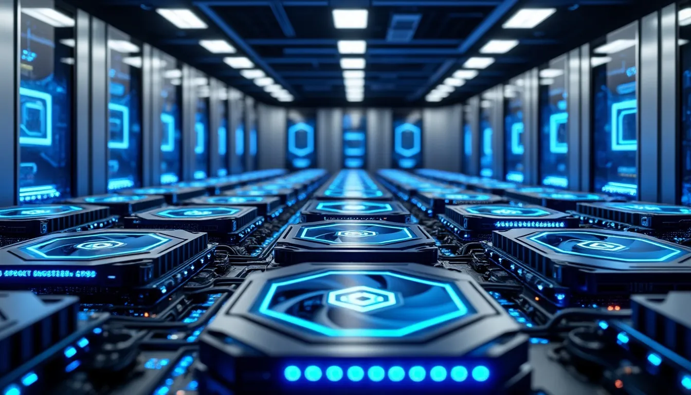 Rangées de machines de minage à ventilateurs hexagonaux éclairés en bleu, alignées dans l’allée d’un centre de données