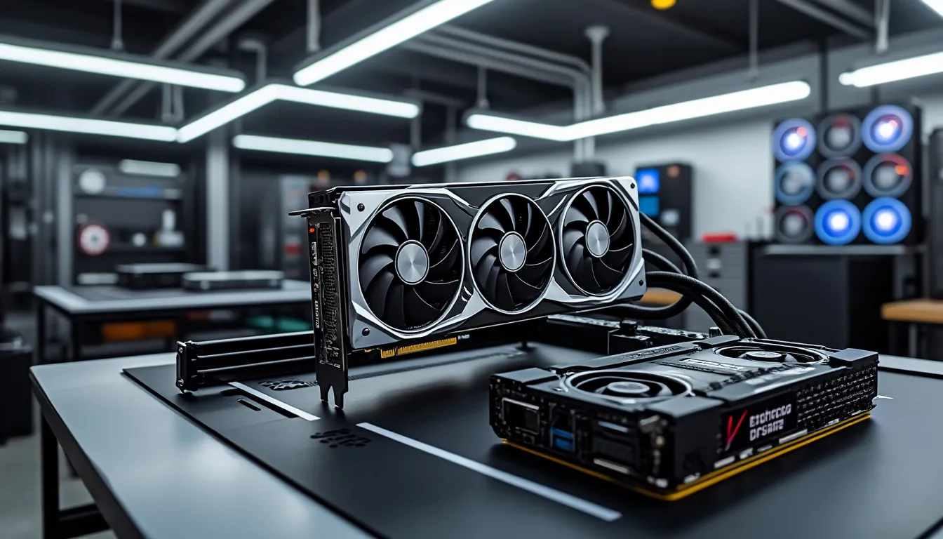 Carte graphique Radeon RX 7700 XT vue de trois quarts, ses deux connecteurs d’alimentation 8 broches visibles sur la tranche