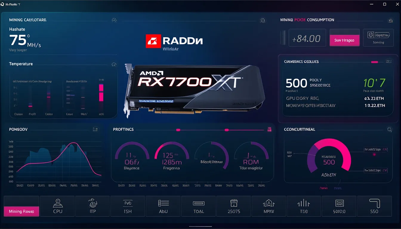 Réglage de la courbe de tension d’une Radeon RX 7700 XT pendant une session de minage, hashrate et consommation affichés