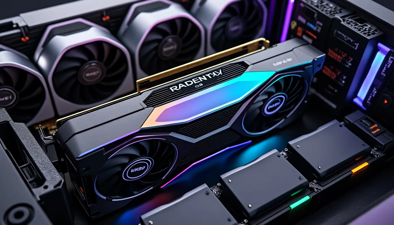 Carte graphique Radeon RX 7800 XT vue de trois quarts, ventilateurs axiaux et connecteurs d’alimentation à huit broches