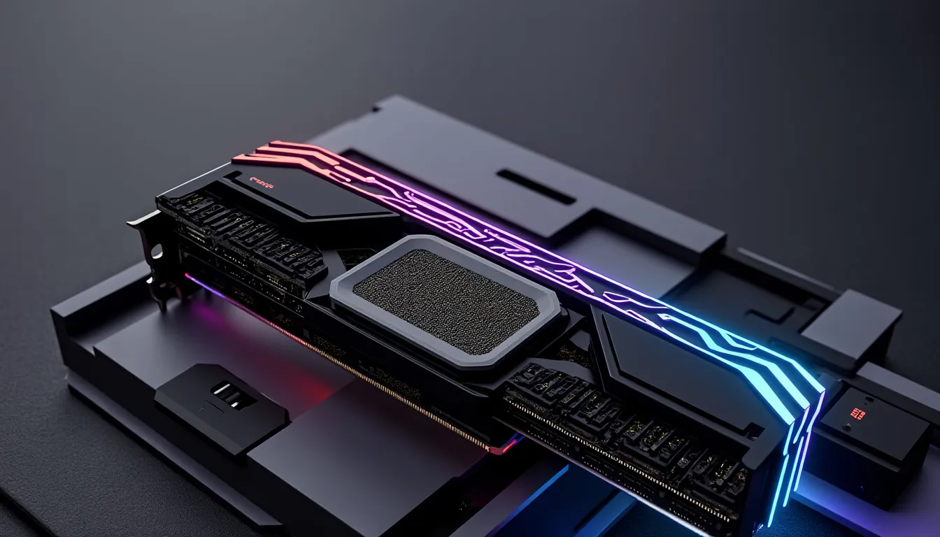Détail des modules de mémoire GDDR6 et du circuit d’alimentation d’une carte graphique démontée