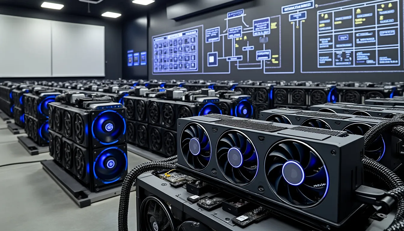 rig de cartes graphiques ouvert et ASIC bitcoin côte à côte, avec leur consommation électrique