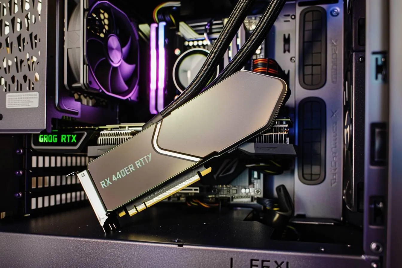 carte graphique geforce rtx 4090 posée à plat, ventilateurs et radiateur vus de trois quarts
