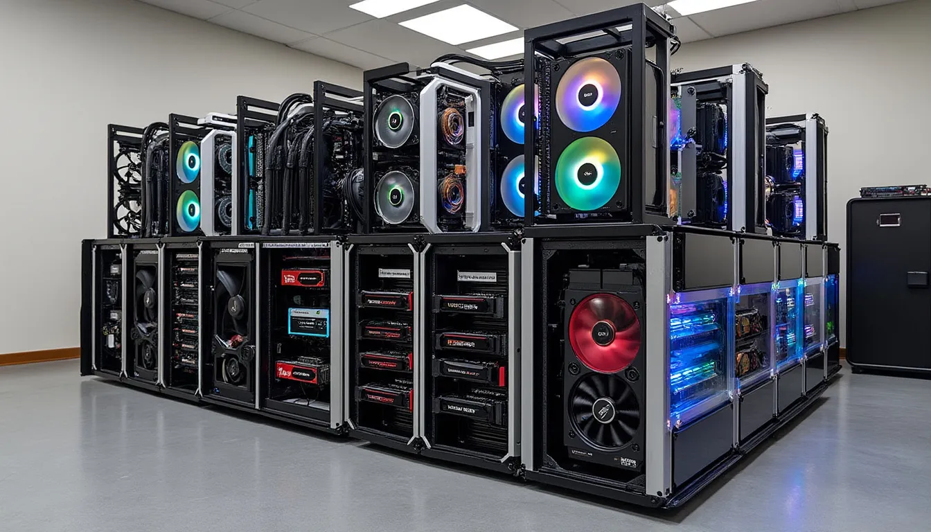 Cadre ouvert de rig de minage portant six cartes graphiques reliées à la carte mère par des risers PCI-E